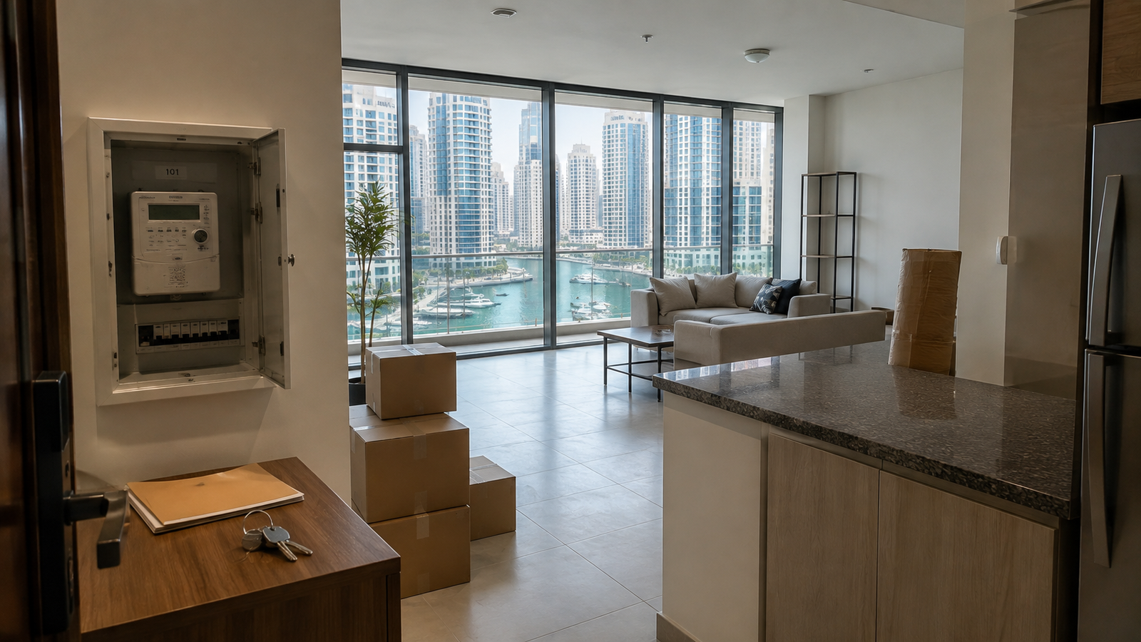 Dubai Marina apartment ready for a tenant representing rental deposits, utilities and move-in costs